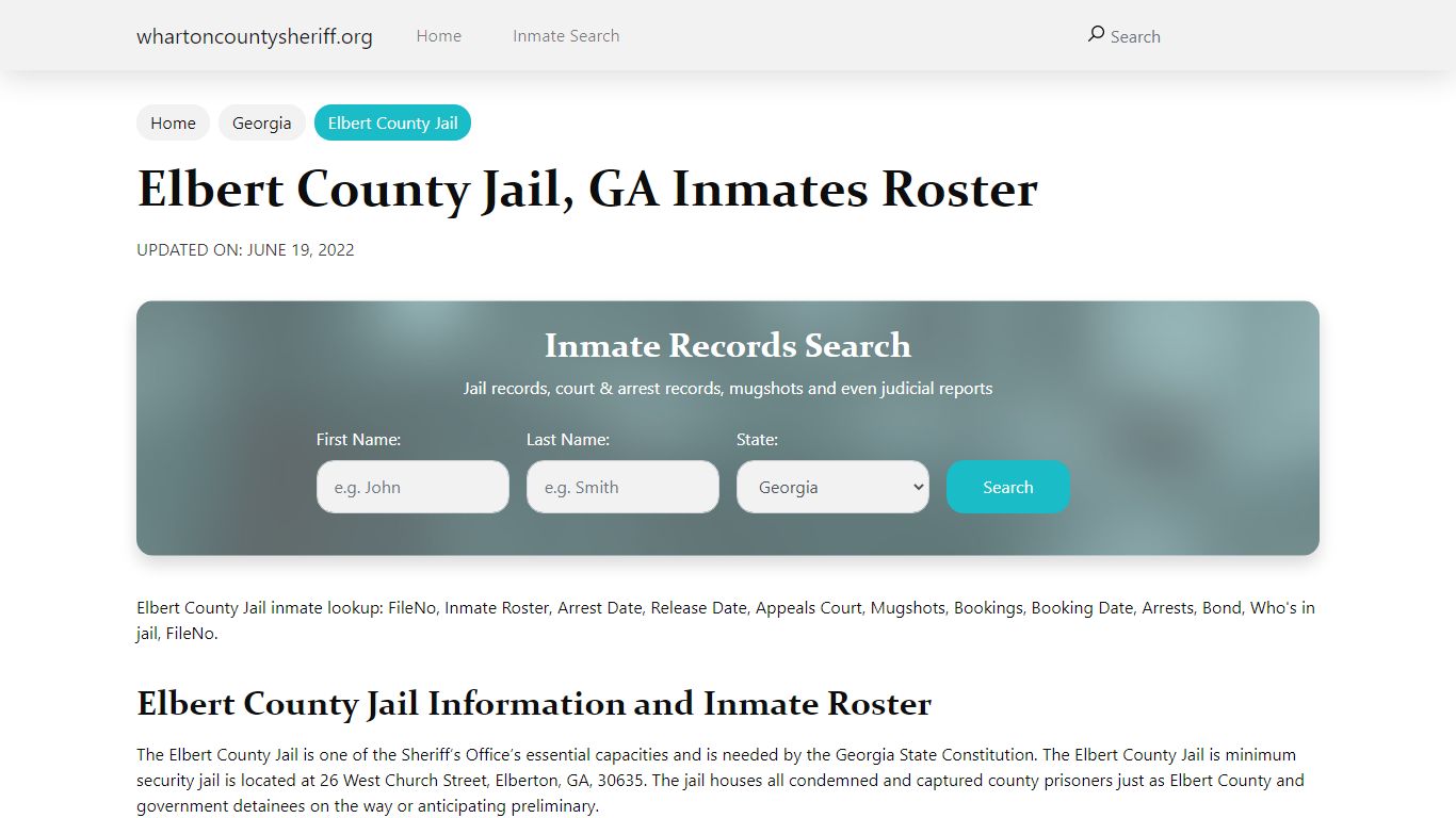 Elbert County Jail, GA Jail Roster, Name Search